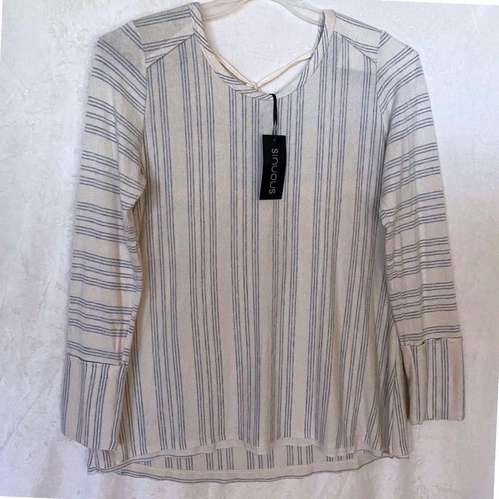 Sinuous Striped Knit Top Womens Medium Cream Tie Back‎ Boho Cozy